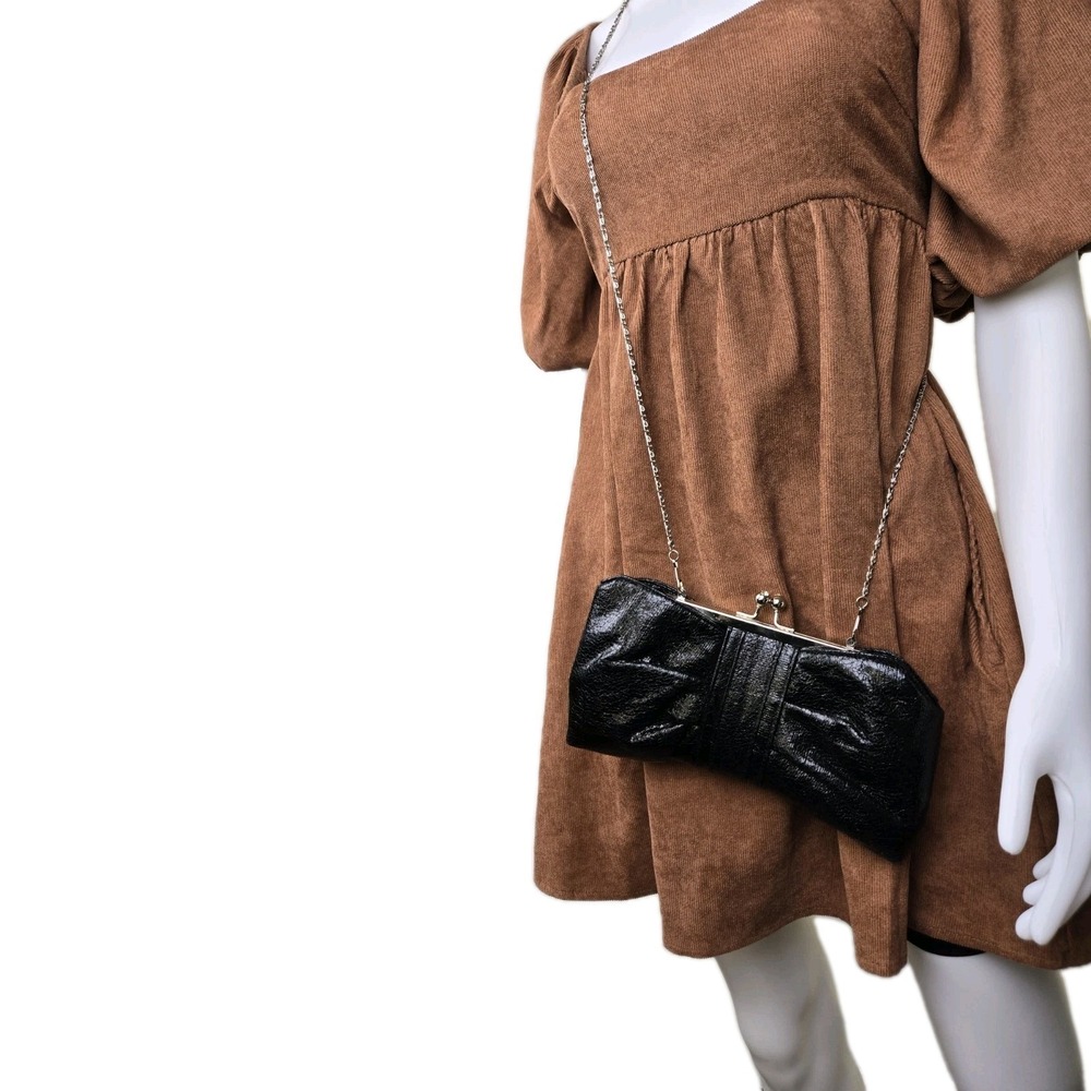 Black‎ Clutch bag purse removable chain strap kiss lock clasp bow formal evening